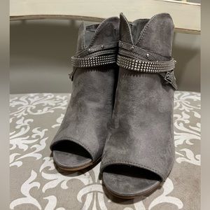 Grey Suede studded open toe booties - size 7